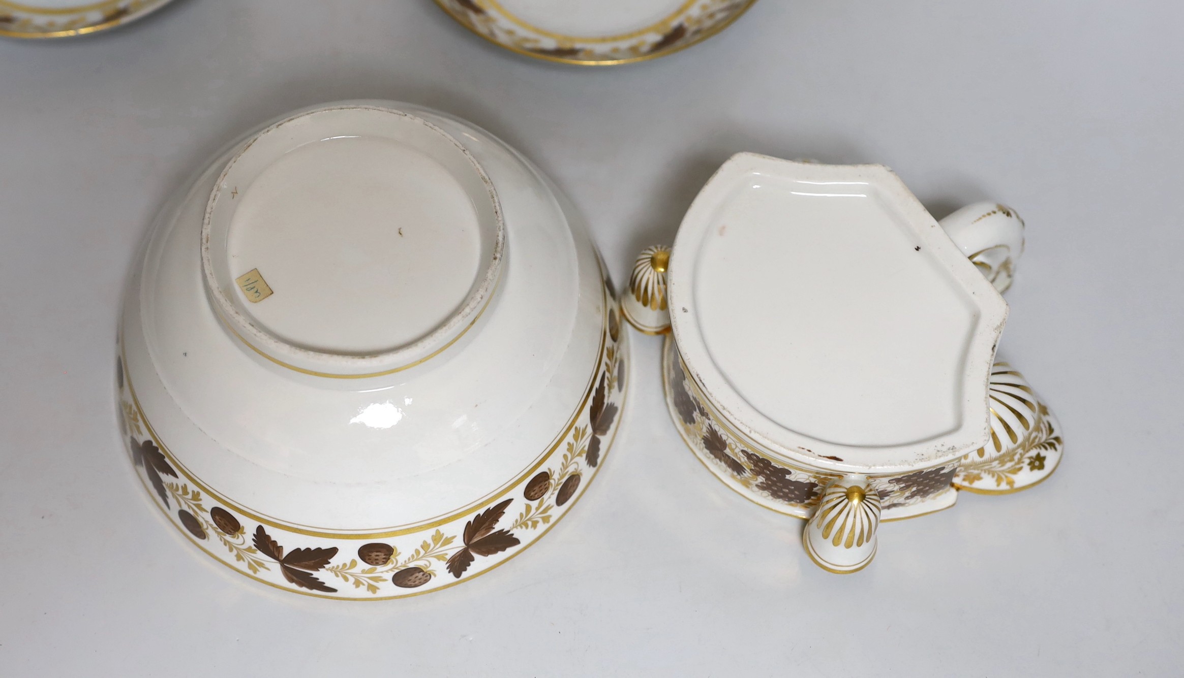 Flight and Barr, Worcester brown enamelled and gilded inkstand, two trios and a similar slops bowl, c.1795, incised B marks
